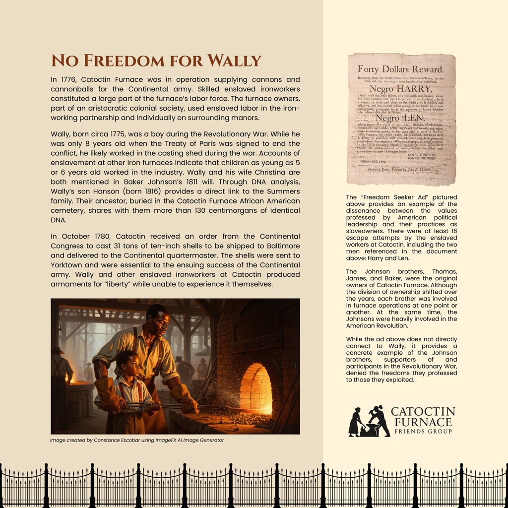 No Freedom for Wally exhibit panel telling the story of an enslaved boy at Catoctin Furnace